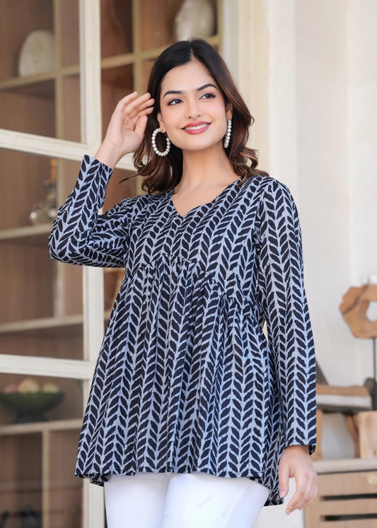 Women's Blue Arrow Print Peplum Top with Full Sleeves