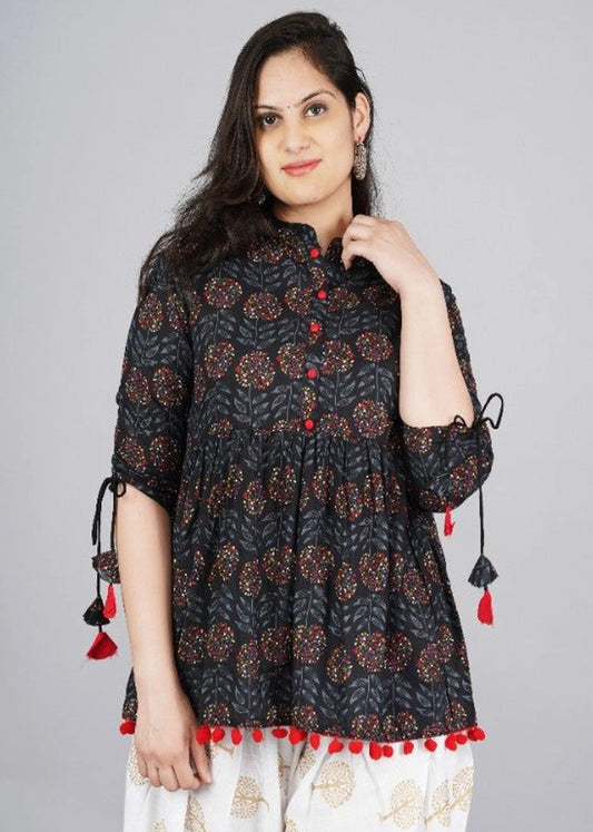 Black Mandarin Coller Pure Cotton Womens Ethnic Printed Party Wear Kurta and Dhoti Pant Set