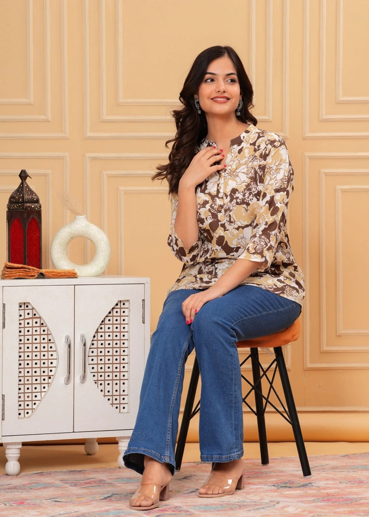 Beige cotton straight tunic top for women with three-quarter sleeves, featuring a simple and elegant design perfect for work or casual wear.