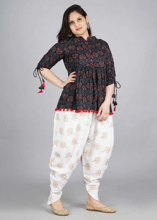 Black Mandarin Coller Pure Cotton Womens Ethnic Printed Party Wear Kurta and Dhoti Pant Set