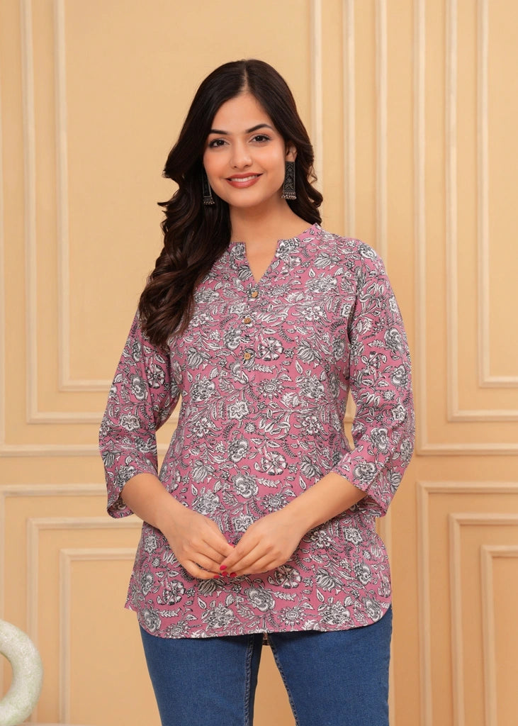 Pink multicolor cotton straight tunic top for women with three-quarter sleeves, featuring a breathable fabric and elegant silhouette perfect for casual, work, or semi-formal occasions.