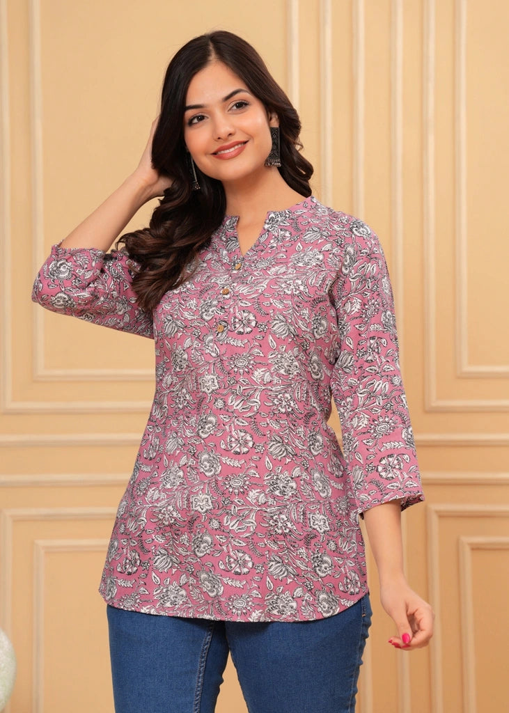 Pink multicolor cotton straight tunic top for women with three-quarter sleeves, featuring a breathable fabric and elegant silhouette perfect for casual, work, or semi-formal occasions.