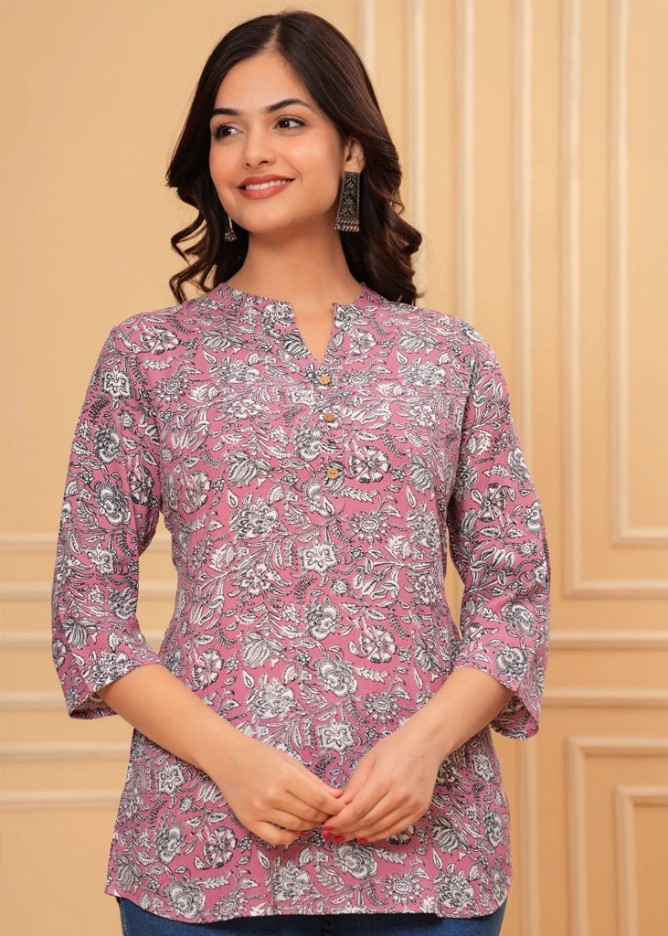 Pink multicolor cotton straight tunic top for women with three-quarter sleeves, featuring a breathable fabric and elegant silhouette perfect for casual, work, or semi-formal occasions.