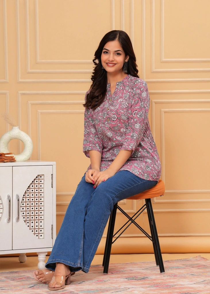Pink multicolor cotton straight tunic top for women with three-quarter sleeves, featuring a breathable fabric and elegant silhouette perfect for casual, work, or semi-formal occasions.