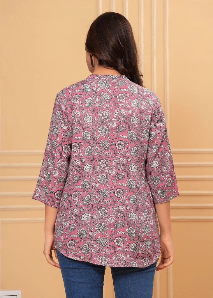 Pink multicolor cotton straight tunic top for women with three-quarter sleeves, featuring a breathable fabric and elegant silhouette perfect for casual, work, or semi-formal occasions.