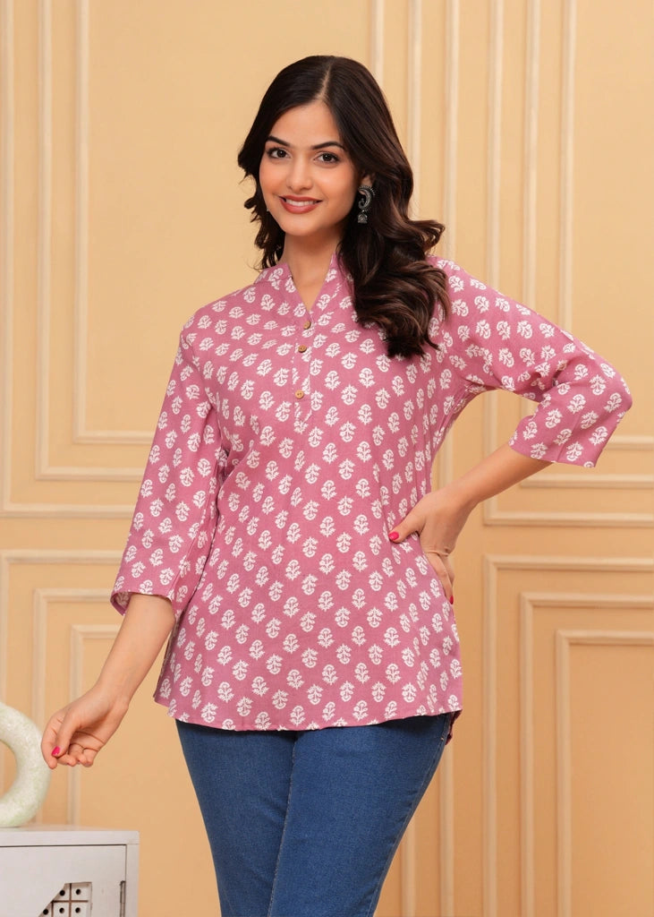 Pink cotton straight tunic top for women with three-quarter sleeves, offering breathable comfort and a flattering fit ideal for work, casual wear, or semi-formal occasions.