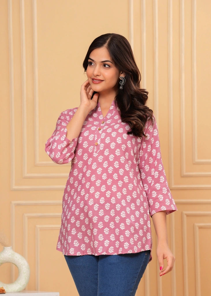 Pink cotton straight tunic top for women with three-quarter sleeves, offering breathable comfort and a flattering fit ideal for work, casual wear, or semi-formal occasions.
