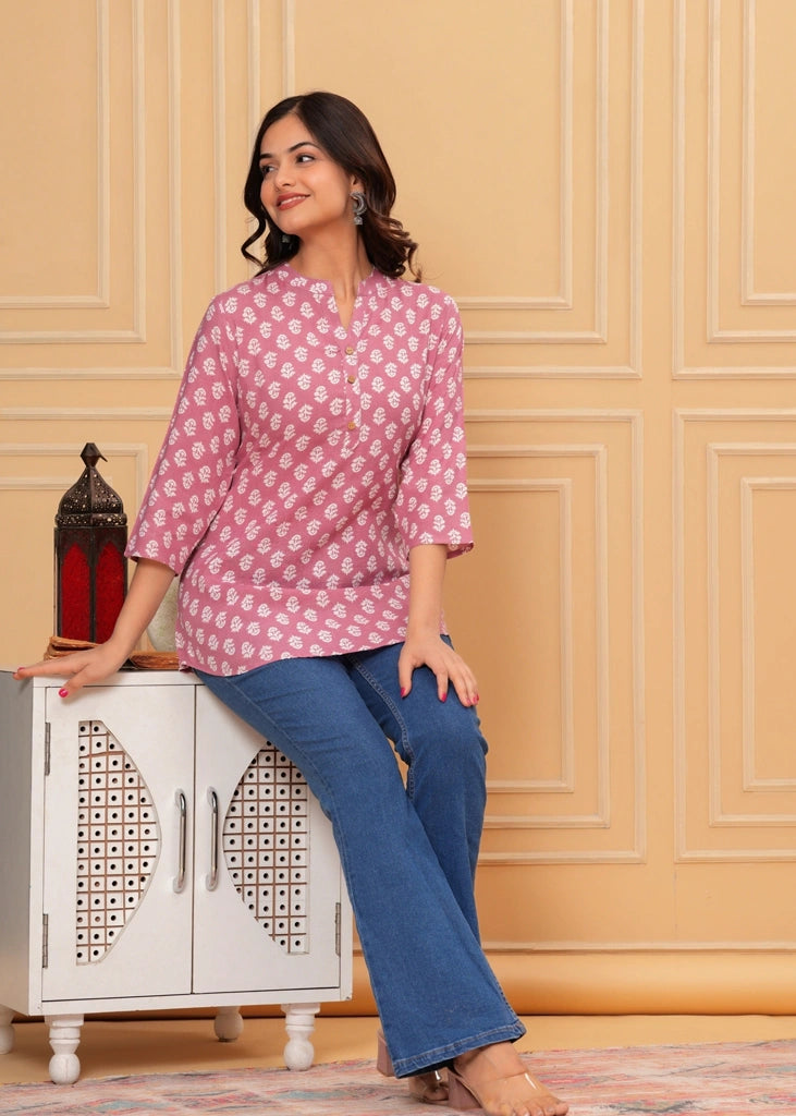 Pink cotton straight tunic top for women with three-quarter sleeves, offering breathable comfort and a flattering fit ideal for work, casual wear, or semi-formal occasions.