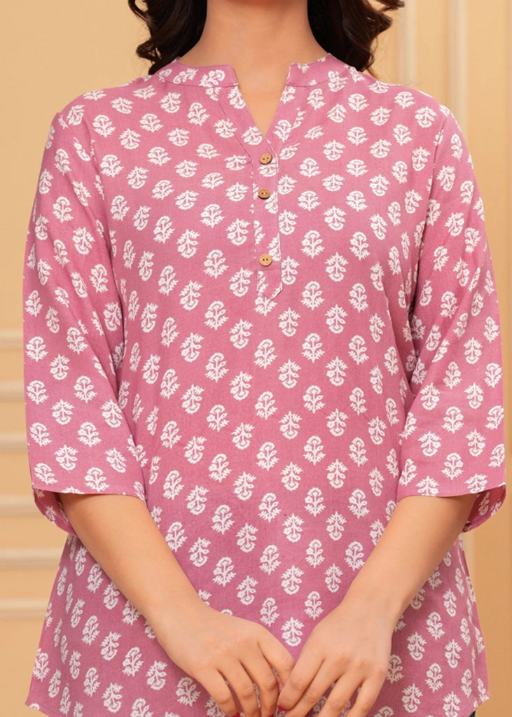 Pink cotton straight tunic top for women with three-quarter sleeves, offering breathable comfort and a flattering fit ideal for work, casual wear, or semi-formal occasions.