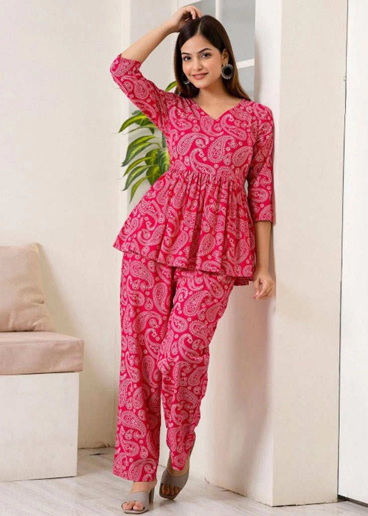 Women’s printed co-ord set in poly cotton, featuring a collar neckline, regular fit, and fit & flare silhouette with a popper closure — a stylish two-piece outfit perfect for casual wear, travel, or daily outings.