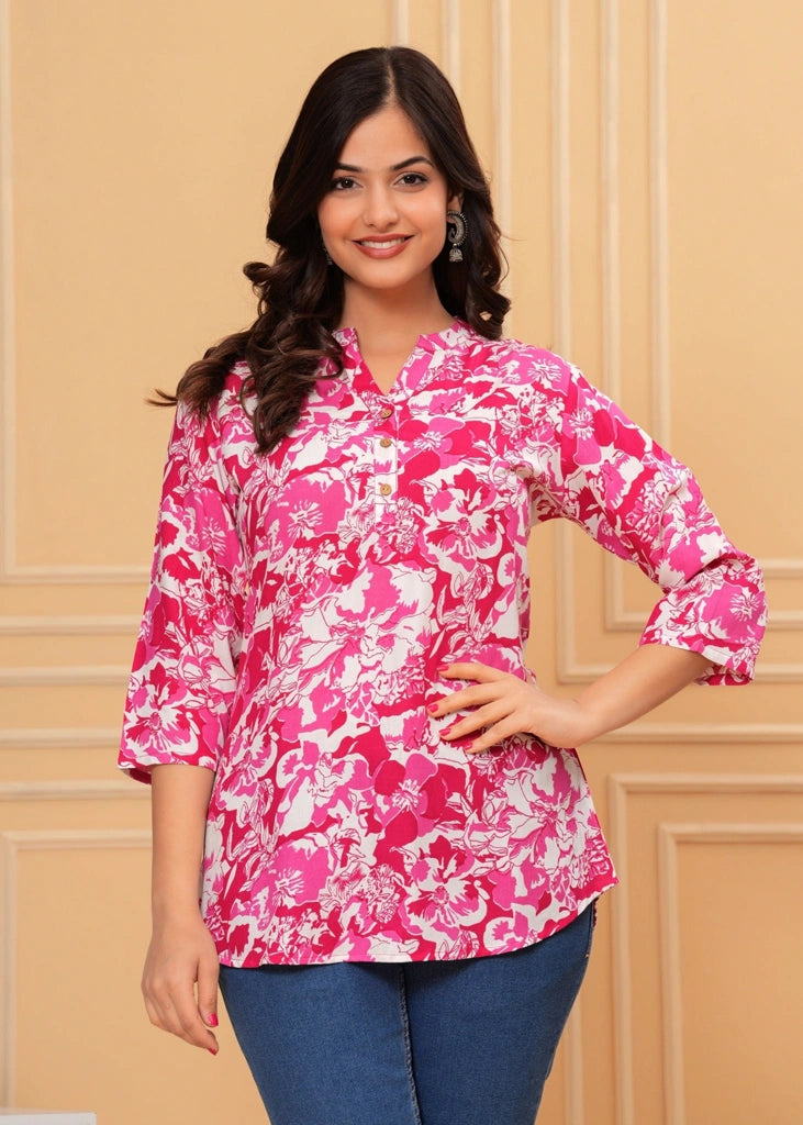 Pink cotton straight tunic top for women with three-quarter sleeves, featuring a breathable fabric and flattering straight-cut design for work, casual, or semi-formal wear.
