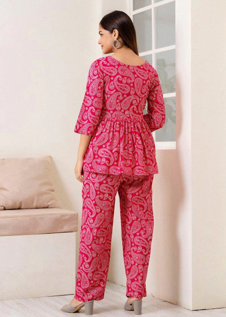 Women’s printed co-ord set in poly cotton, featuring a collar neckline, regular fit, and fit & flare silhouette with a popper closure — a stylish two-piece outfit perfect for casual wear, travel, or daily outings.