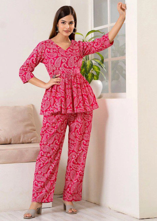 Women’s printed co-ord set in poly cotton, featuring a collar neckline, regular fit, and fit & flare silhouette with a popper closure — a stylish two-piece outfit perfect for casual wear, travel, or daily outings.