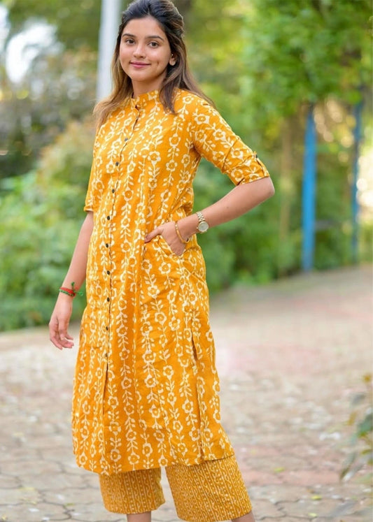 Yellow Floral Co-ord Set | Cotton Kurta Set for Women