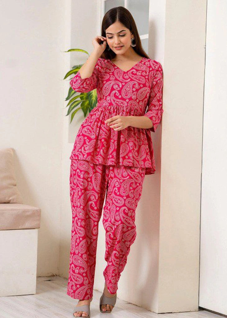 Women’s printed co-ord set in poly cotton, featuring a collar neckline, regular fit, and fit & flare silhouette with a popper closure — a stylish two-piece outfit perfect for casual wear, travel, or daily outings.