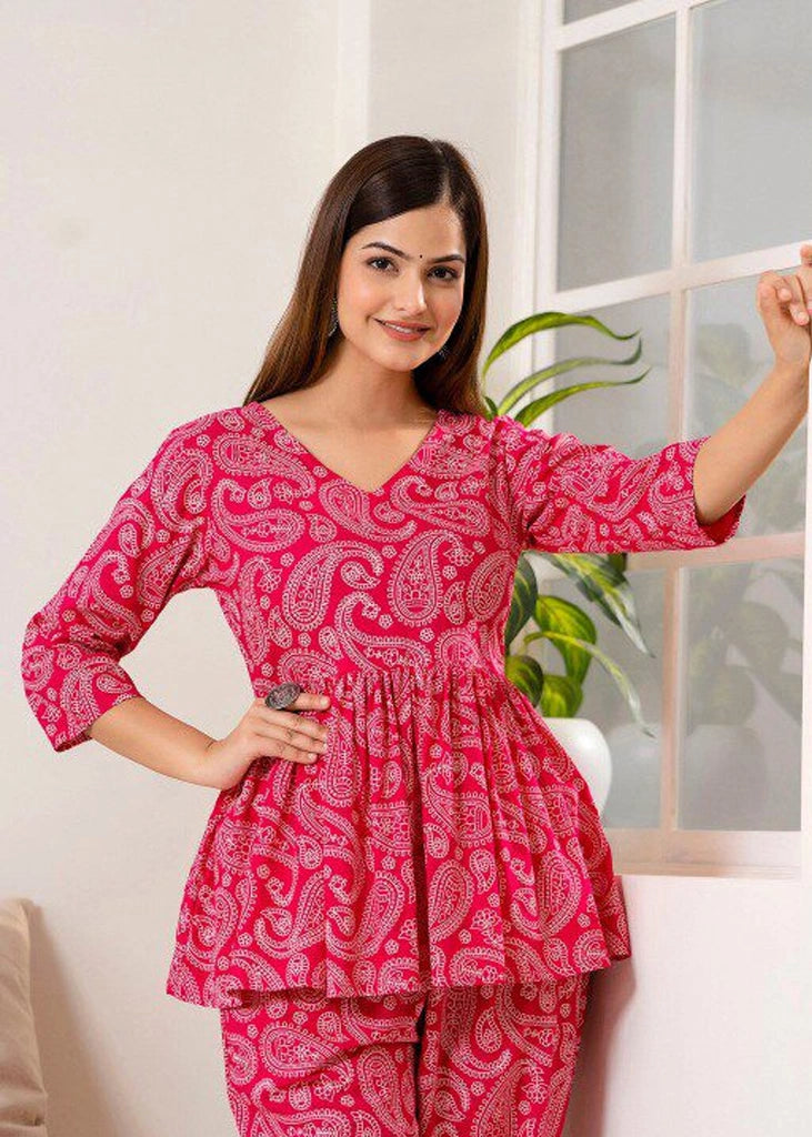 Women’s printed co-ord set in poly cotton, featuring a collar neckline, regular fit, and fit & flare silhouette with a popper closure — a stylish two-piece outfit perfect for casual wear, travel, or daily outings.
