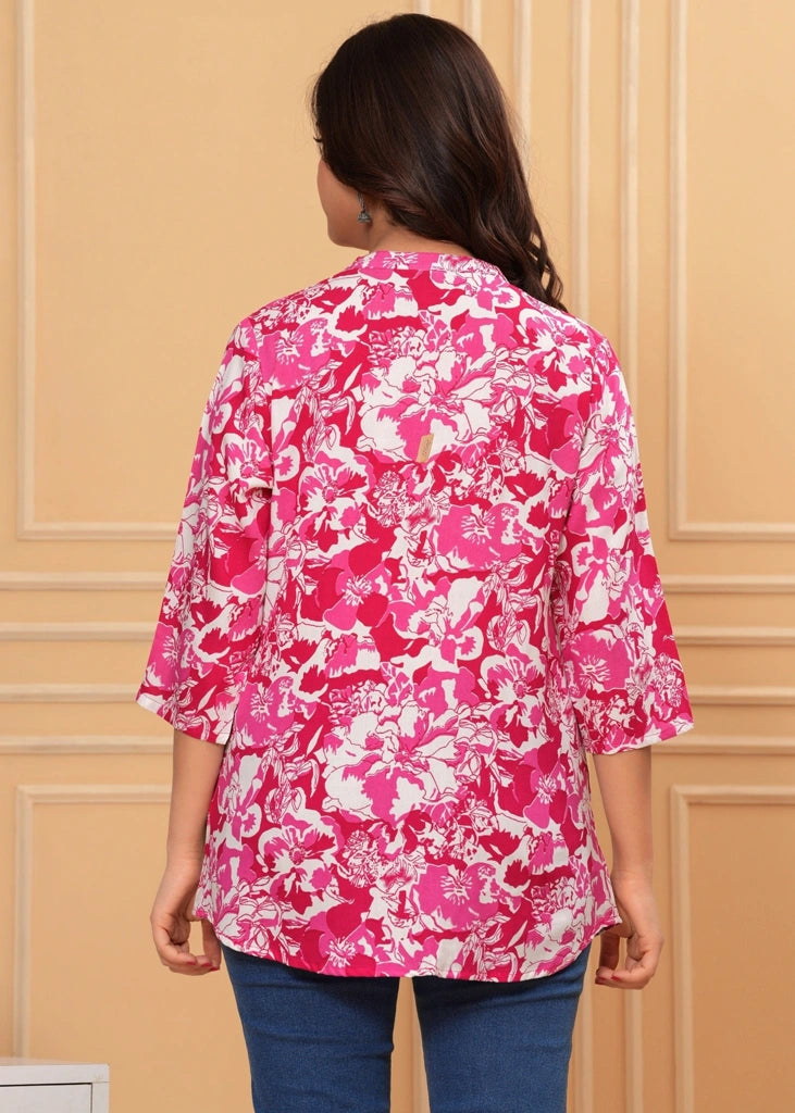 Pink cotton straight tunic top for women with three-quarter sleeves, featuring a breathable fabric and flattering straight-cut design for work, casual, or semi-formal wear.