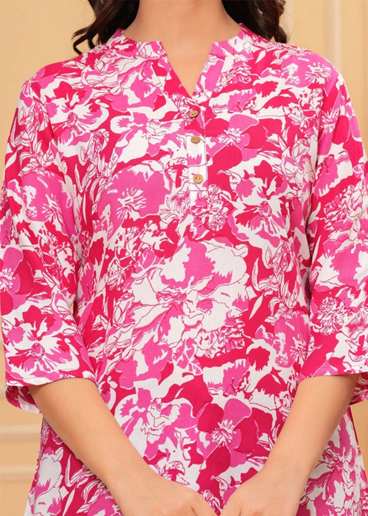 Pink cotton straight tunic top for women with three-quarter sleeves, featuring a breathable fabric and flattering straight-cut design for work, casual, or semi-formal wear.