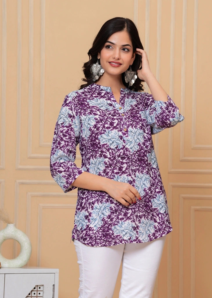 Purple forest print cotton straight tunic top for women with three-quarter sleeves, featuring breathable fabric and a flattering straight-cut design ideal for casual, work, or semi-formal wear.