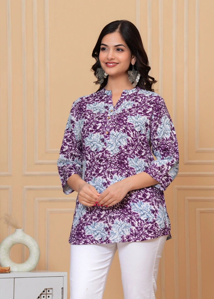 Purple forest print cotton straight tunic top for women with three-quarter sleeves, featuring breathable fabric and a flattering straight-cut design ideal for casual, work, or semi-formal wear.