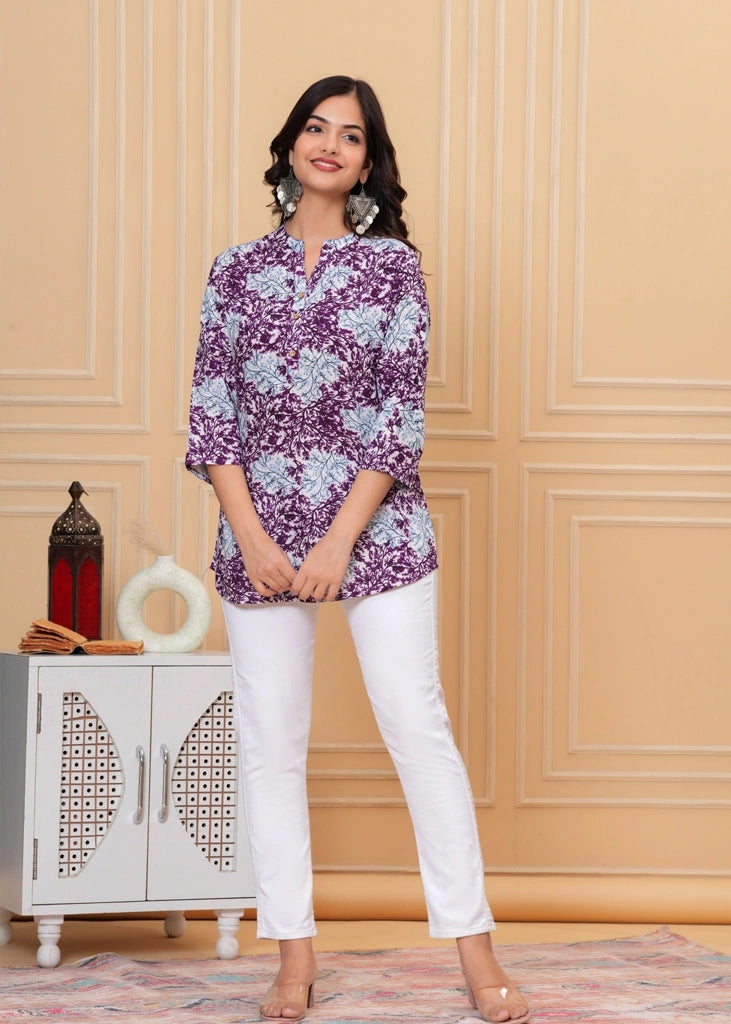 Purple forest print cotton straight tunic top for women with three-quarter sleeves, featuring breathable fabric and a flattering straight-cut design ideal for casual, work, or semi-formal wear.