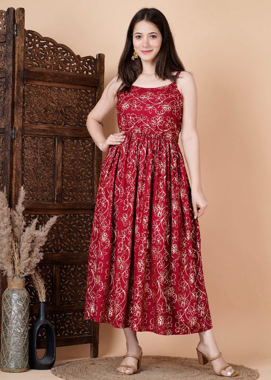 Maroon Rayon Floral Print Maxi Dress with Sleeveless Design & Round Designer Neck