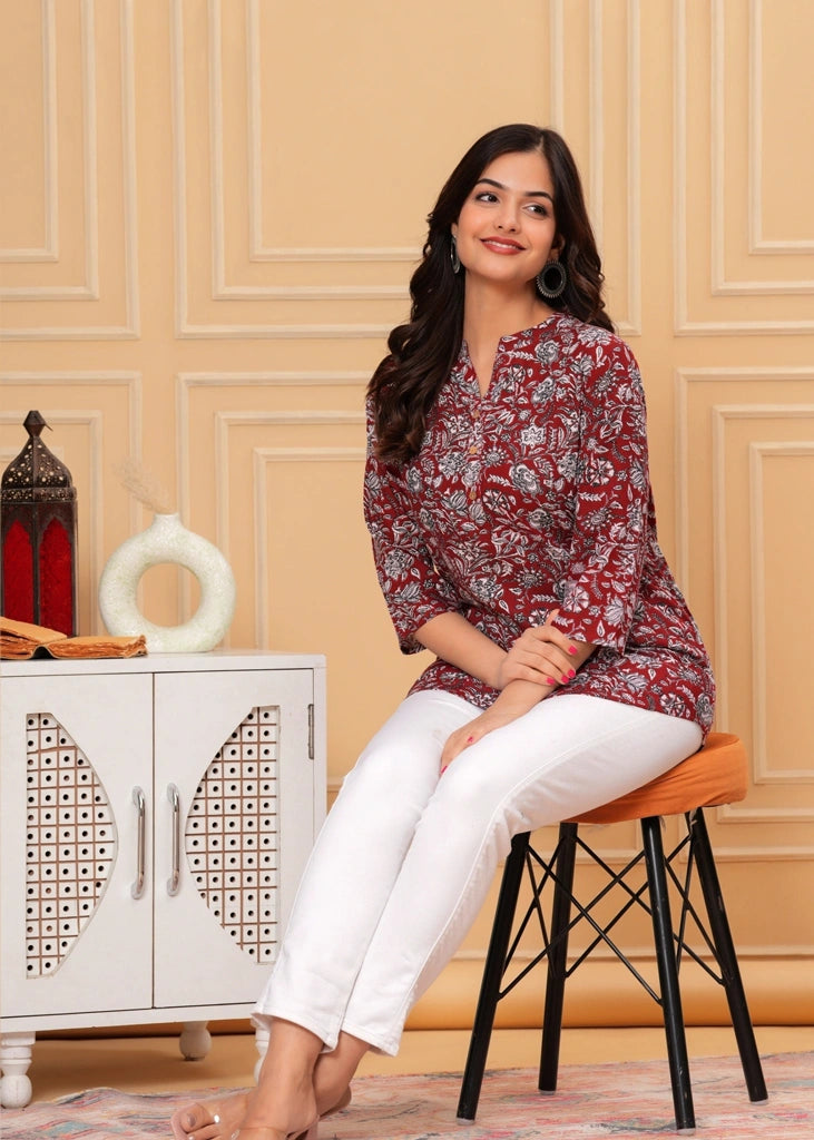 Red cotton straight tunic top for women with three-quarter sleeves, designed with breathable fabric and a flattering silhouette ideal for casual, work, or semi-formal occasions.