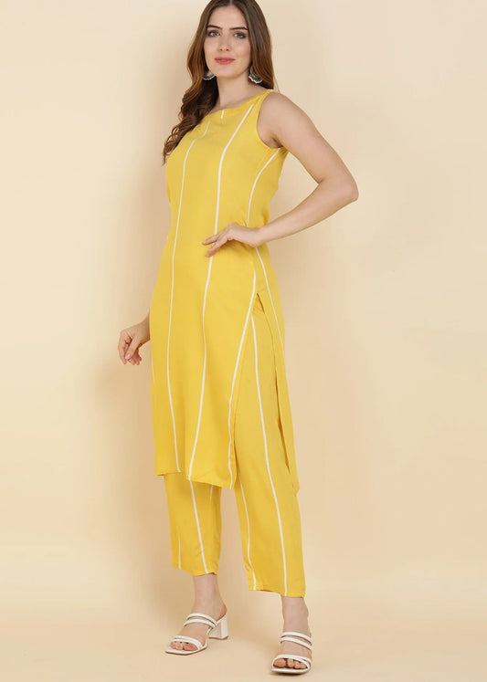 Yellow White Rayon Kurta Pant Set