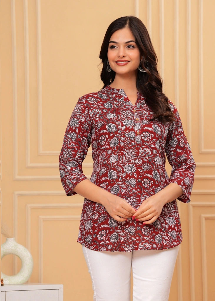 Red cotton straight tunic top for women with three-quarter sleeves, designed with breathable fabric and a flattering silhouette ideal for casual, work, or semi-formal occasions.