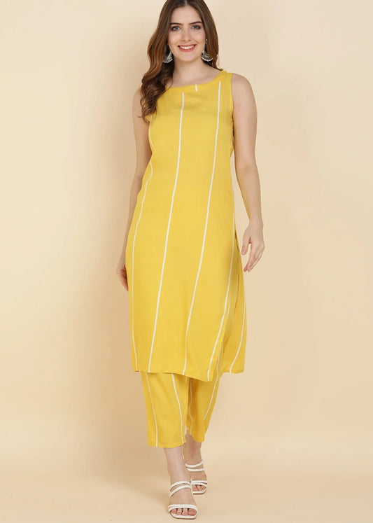 Yellow White Rayon Kurta Pant Set