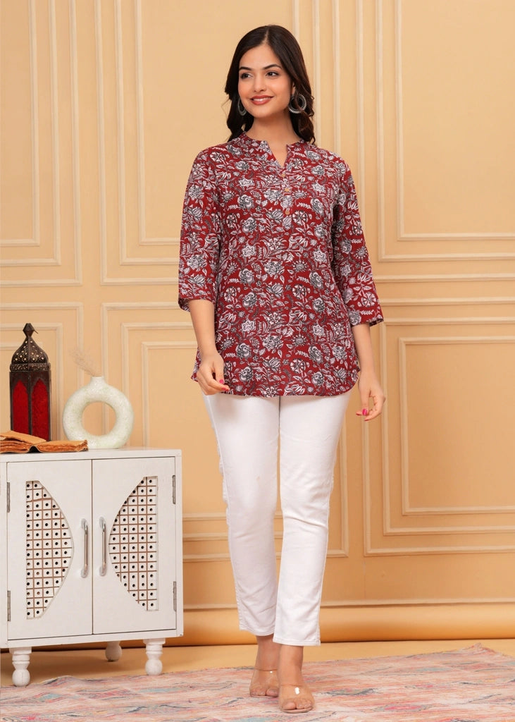 Red cotton straight tunic top for women with three-quarter sleeves, designed with breathable fabric and a flattering silhouette ideal for casual, work, or semi-formal occasions.