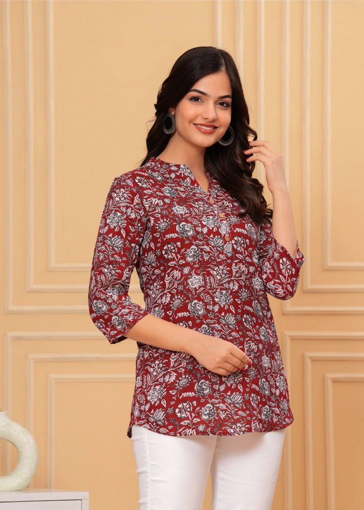Red cotton straight tunic top for women with three-quarter sleeves, designed with breathable fabric and a flattering silhouette ideal for casual, work, or semi-formal occasions.