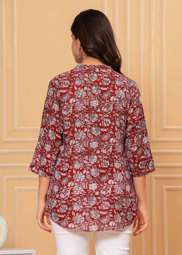 Red cotton straight tunic top for women with three-quarter sleeves, designed with breathable fabric and a flattering silhouette ideal for casual, work, or semi-formal occasions.