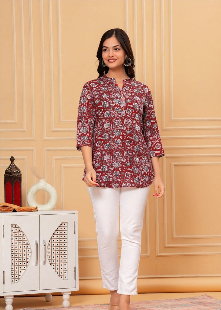 Red cotton straight tunic top for women with three-quarter sleeves, designed with breathable fabric and a flattering silhouette ideal for casual, work, or semi-formal occasions.
