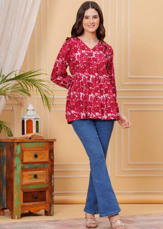 Women's Maroon Cotton V-Neck Top