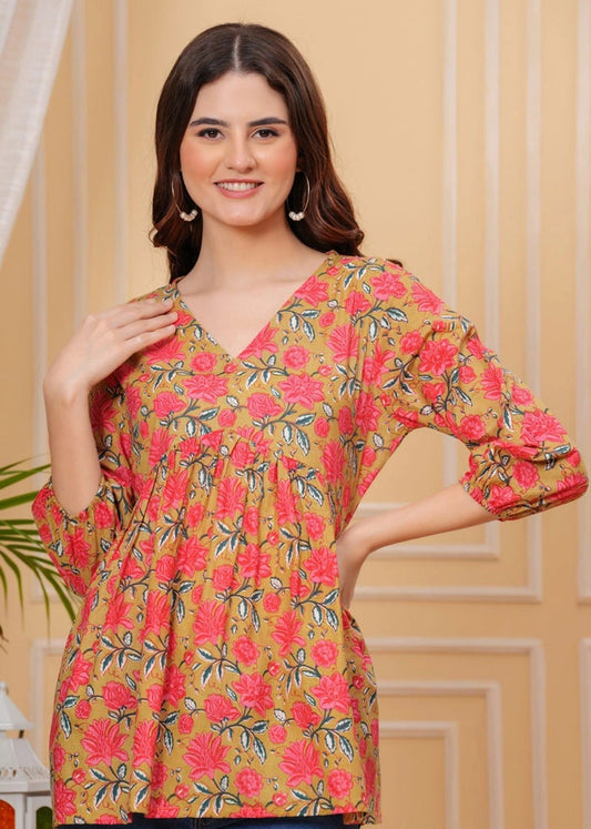Women's Orange Cotton V-Neck Top