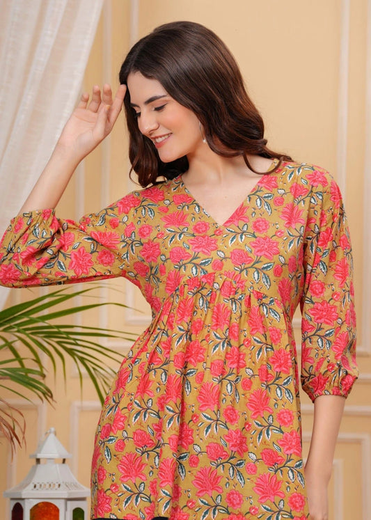 Women's Orange Cotton V-Neck Top