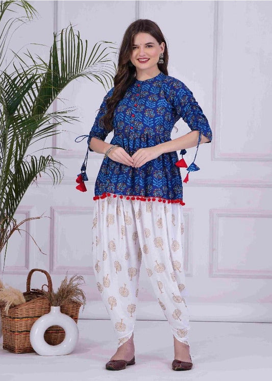 Blue Mandarin Coller Pure Cotton Womens Ethnic Printed Party Wear Kurta and Dhoti Pant Set