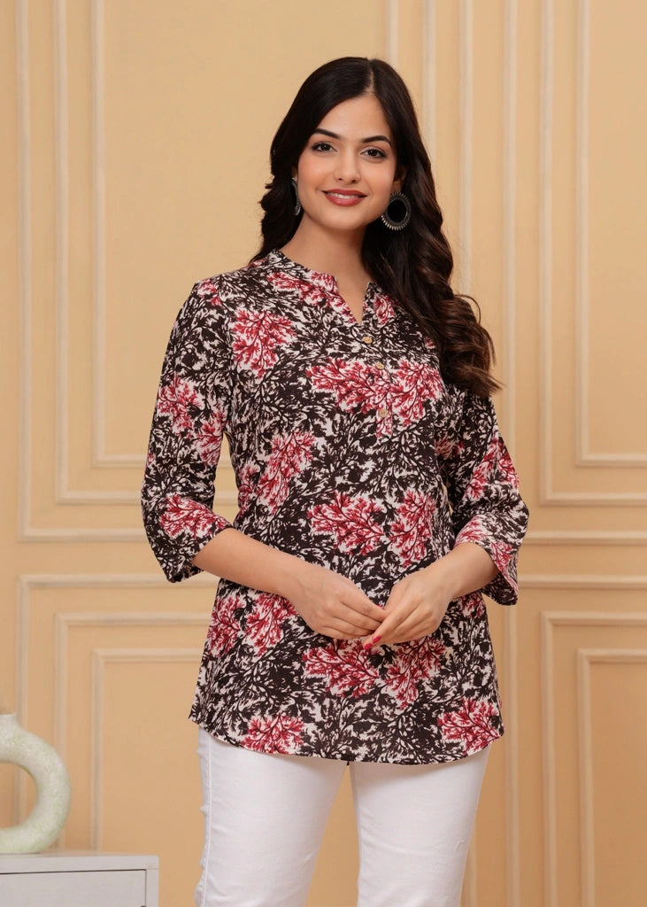 Black cotton straight tunic top for women with three-quarter sleeves, featuring a sleek and flattering design ideal for work or casual wear.