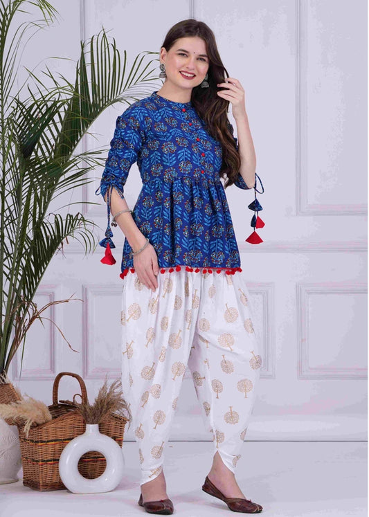 Blue Mandarin Coller Pure Cotton Womens Ethnic Printed Party Wear Kurta and Dhoti Pant Set