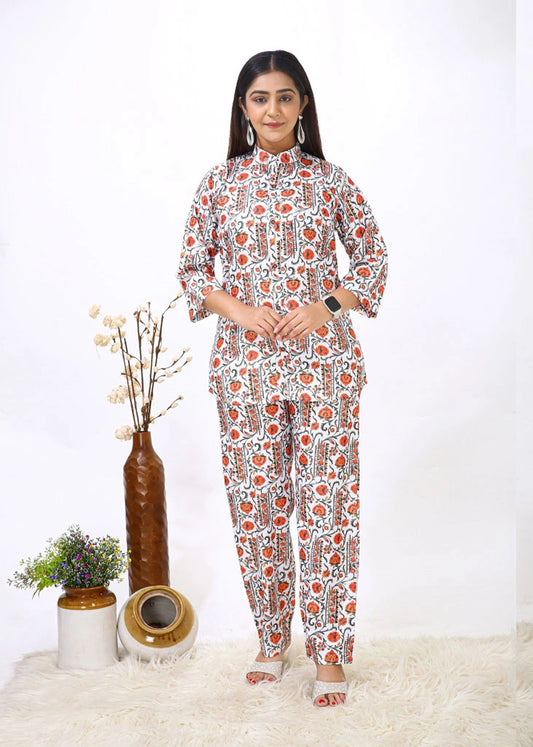Rayon Western Orange & White Women Cord Set