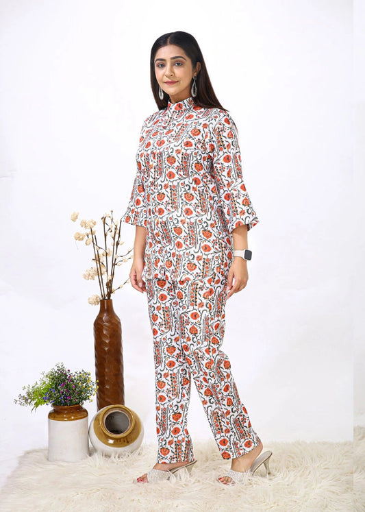 Rayon Western Orange & White Women Cord Set