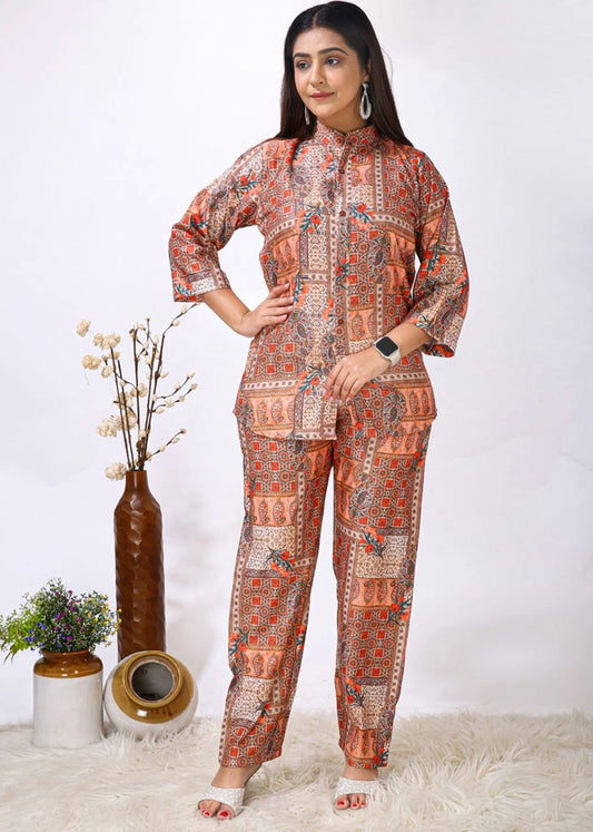 Rayon Western Orange Block Printed Women Cord Set