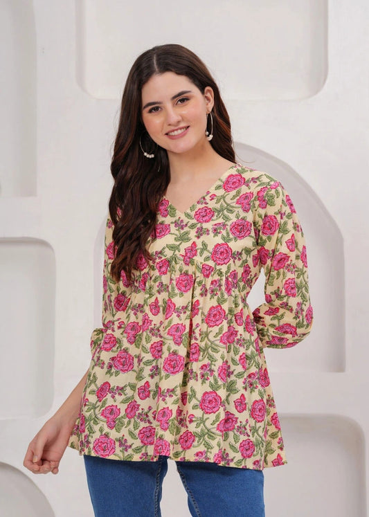Women's Pink Cotton V-Neck Top
