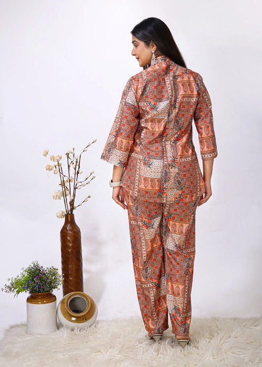 Rayon Western Orange Block Printed Women Cord Set