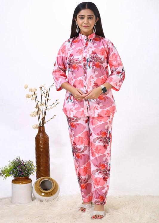 Red and Pink Floral Rayon Printed Women Cord Set