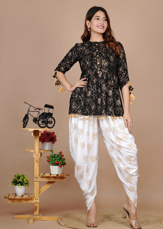 Black Cotton Printed Kurta & Dhoti Pant Set
