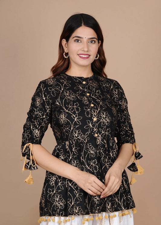 Black Cotton Printed Kurta & Dhoti Pant Set