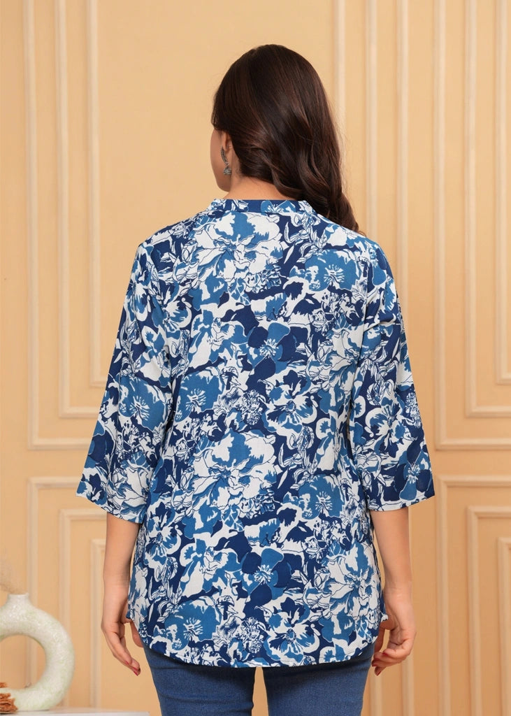 Blue cotton straight tunic top for women with three-quarter sleeves, designed in a sleek and breathable silhouette ideal for casual, work, or semi-formal wear.