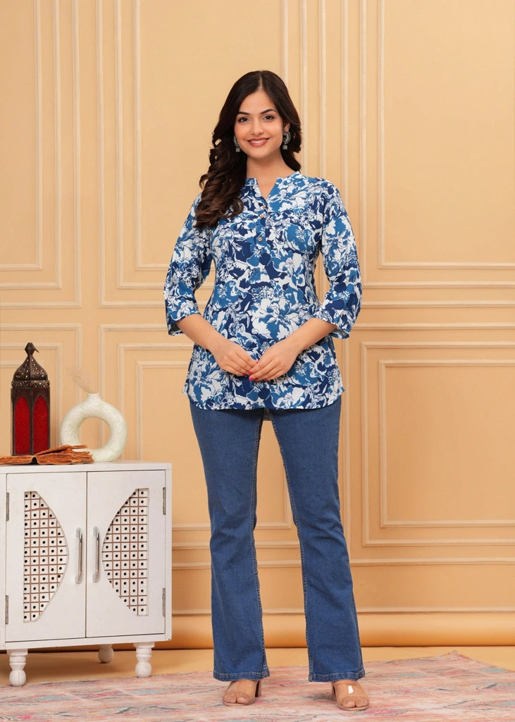 Blue cotton straight tunic top for women with three-quarter sleeves, designed in a sleek and breathable silhouette ideal for casual, work, or semi-formal wear.